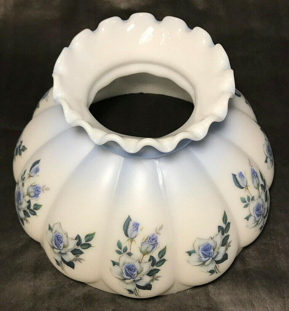 New 10" Painted Crimped Melon Student Lamp Shade, Sapphire Roses Scene Blue Tint - Stone Door Lamps