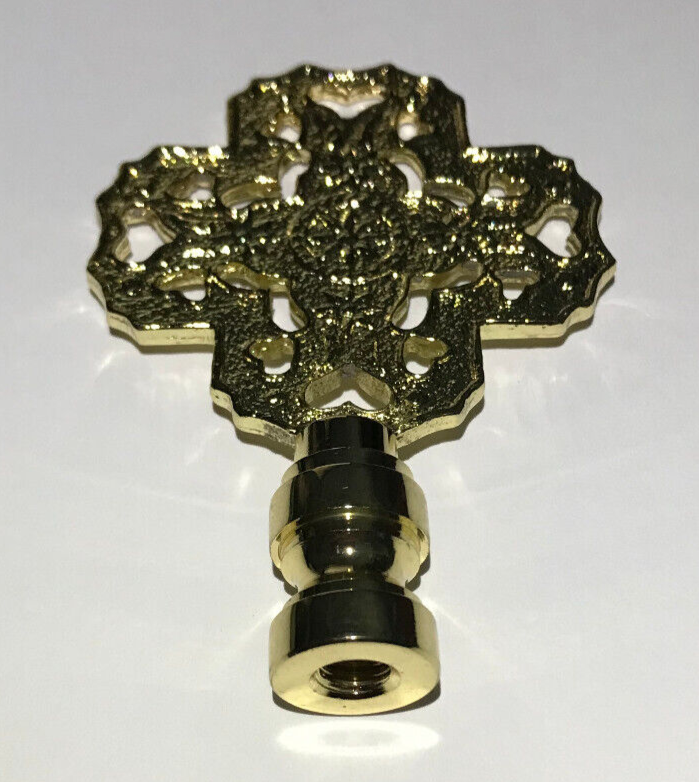 New 3" Cast Brass Cross Heart Star Lamp Finial, Polished & Lacquered, 1/4-27F