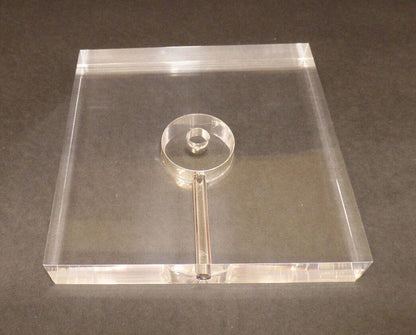 New 6" Diameter Clear Square Acrylic Lamp Base w/ Center Hole & Side Outlet - Stone Door Lamps