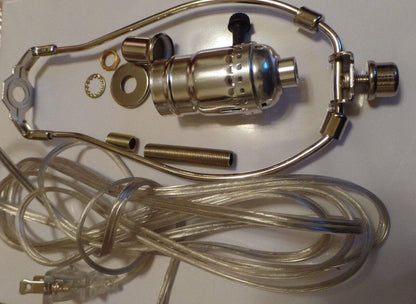Table Lamp Wiring Kit 8" Nickel Plated Harp - 3 Way Socket - Clear Silver Cord - Stone Door Lamps