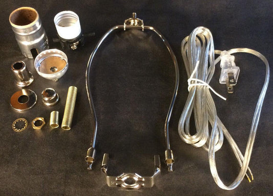 Table Lamp Wiring Kit 10" Nickel Plated Harp,Push - Thru Socket,Clear Silver Cord - Stone Door Lamps