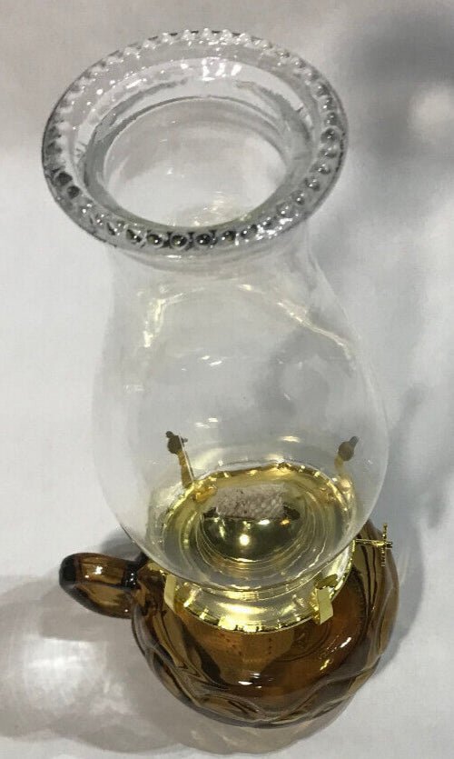 New Amber Glass United Hearts Finger Oil Lamp w/ Brass Plated Burner & Chimney - Stone Door Lamps
