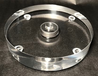 New 5" Diameter Clear Round Footed Acrylic Lamp Base w/ Center Hole, No Wire Way - Stone Door Lamps