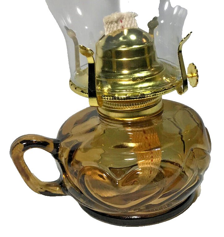 New Amber Glass United Hearts Finger Oil Lamp w/ Brass Plated Burner & Chimney - Stone Door Lamps