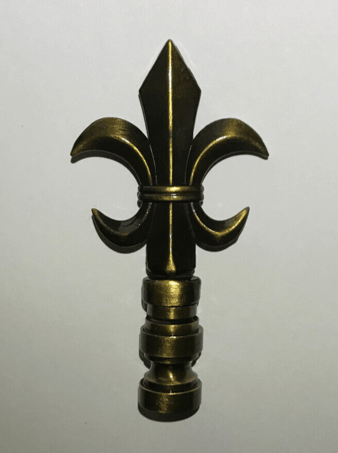 New 3" Cast Metal Fleur De Lis Design Lamp Finial, Antique Brass Finish, 1/4 - 27 - Stone Door Lamps