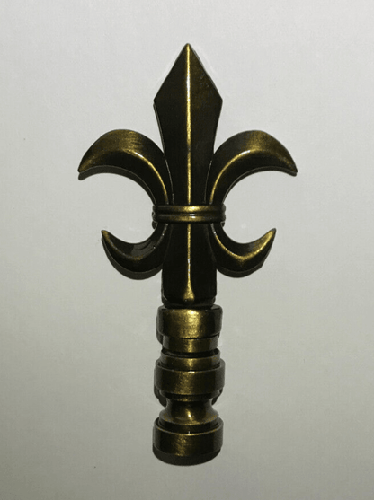New 3" Cast Metal Fleur De Lis Design Lamp Finial, Antique Brass Finish, 1/4 - 27 - Stone Door Lamps