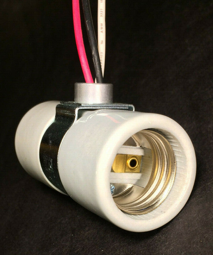 New Twin Medium Base Porcelain Lamp Socket, Single Bushing Strap, 24" Wire Leads