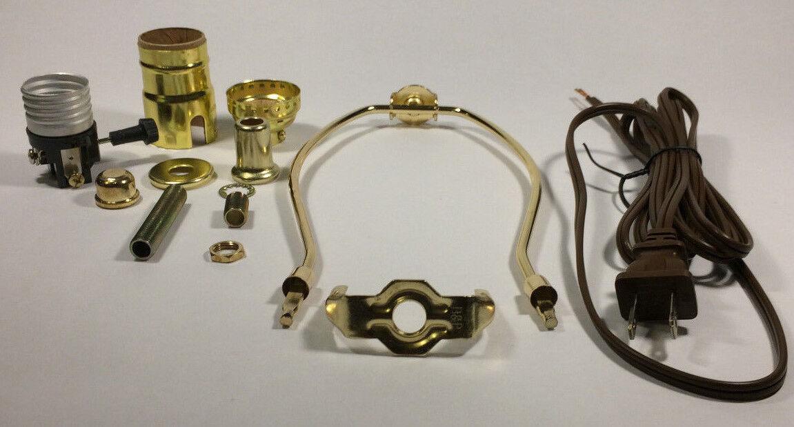 Table Lamp Wiring Kit With 9" Brass Plated Harp, 3 Way Socket, 8 ft. Brown Cord - Stone Door Lamps