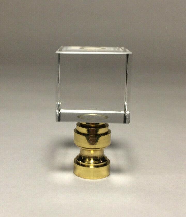 New Clear Crystal Cube Lamp Harp Finial, Brass Base, 1 3/4" ht., 1/4 - 27 #LF090P - Stone Door Lamps