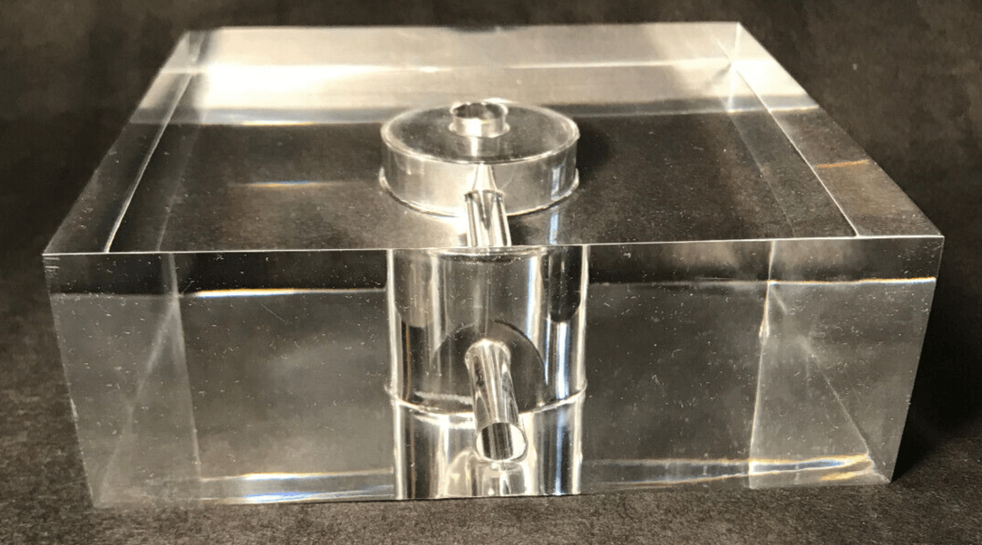 New 5.5" Wide, 2" Thick Clear Square Acrylic Lamp Base, Center Hole, Side Outlet - Stone Door Lamps