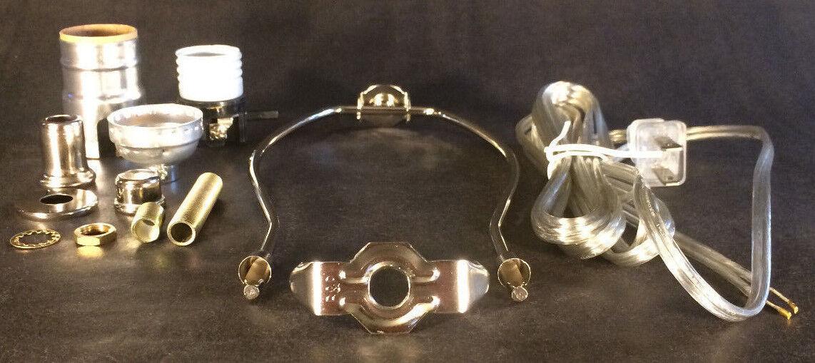 Table Lamp Wiring Kit 7" Nickel Plated Harp, Push - Thru Socket,Clear Silver Cord - Stone Door Lamps