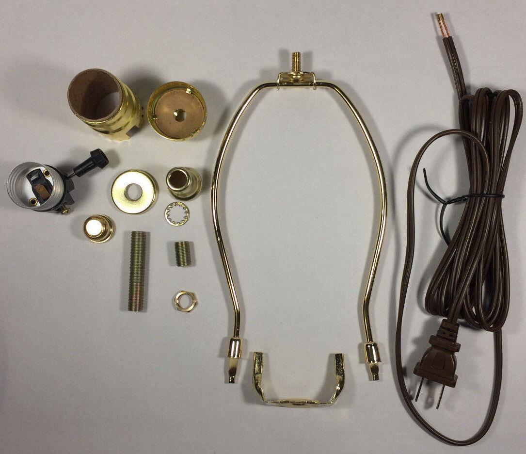 Table Lamp Wiring Kit With 8" Brass Plated Harp, 3 Way Socket, 8 ft. Brown Cord - Stone Door Lamps
