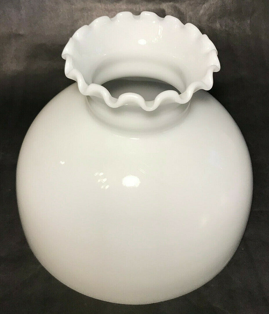 New Student Lamp Shade, Opal White Milk Glass, Crimp Top, Hand Blown, 10" FItter