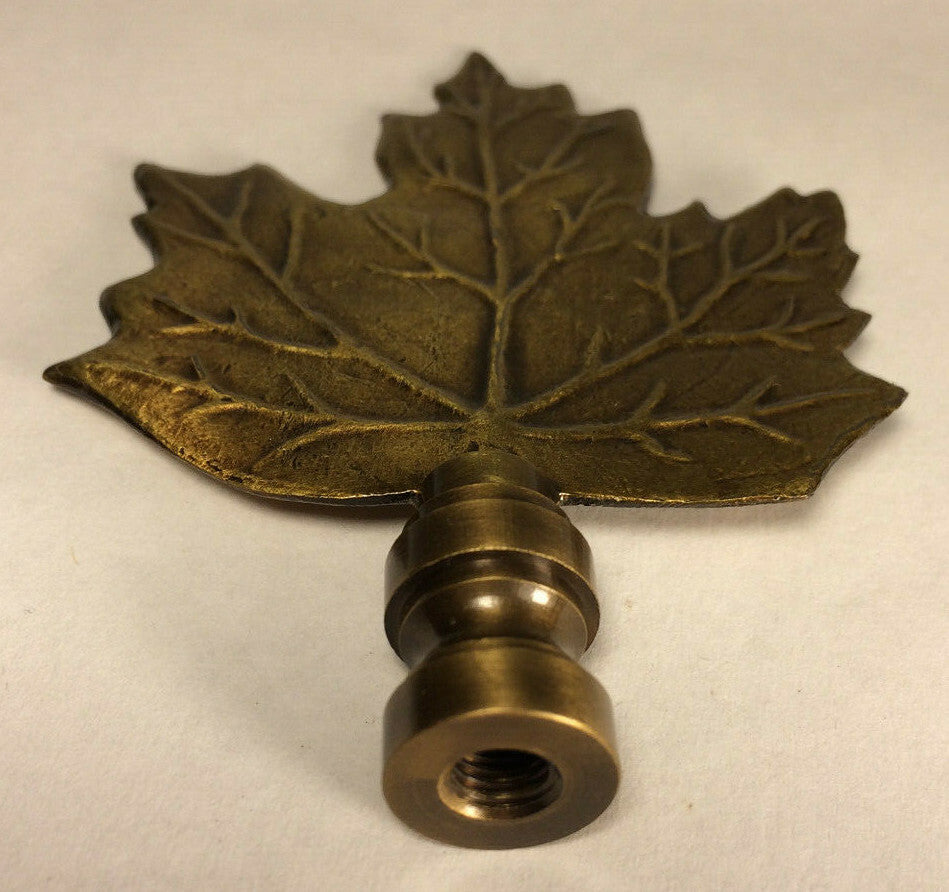 New 3 3/4" Maple Leaf Cast Metal Lamp Harp Finial w/ Antique Brass Finish LF076A