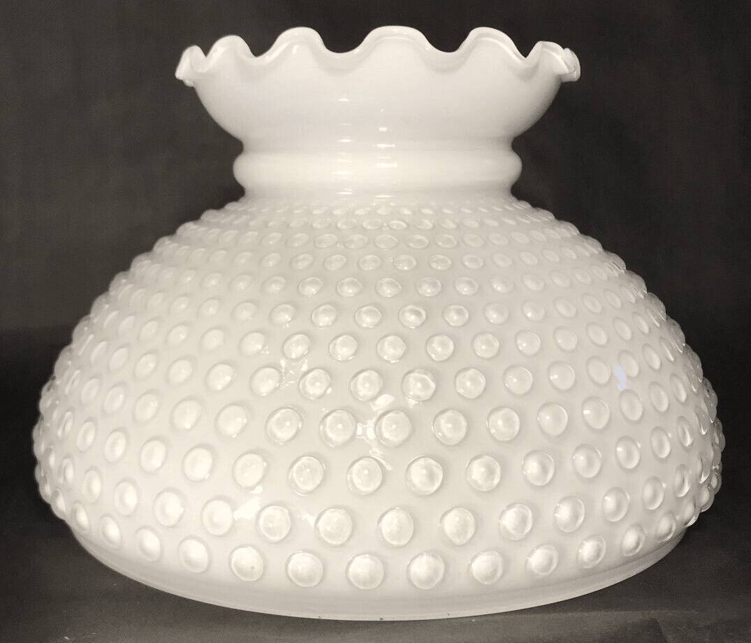 New 10" Cased Clear Over Opal White Glass Hobnail Student Lamp Shade Crimped Top - Stone Door Lamps