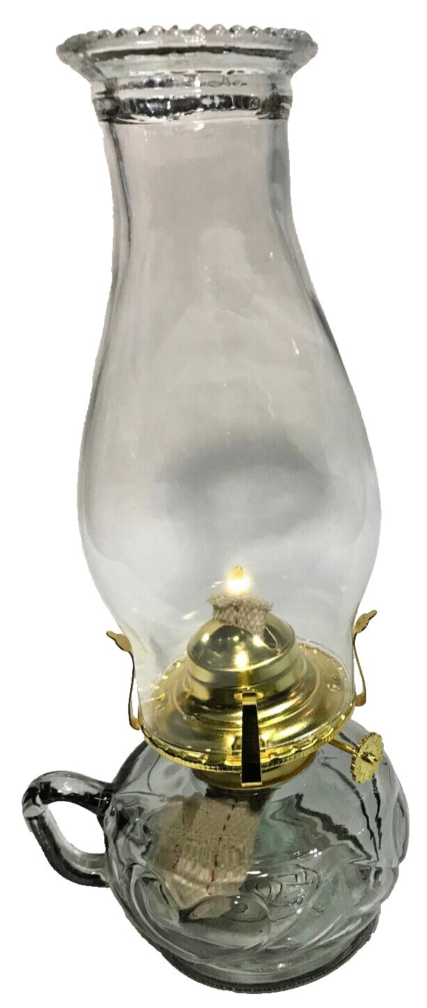 New Gray Glass United Hearts Finger Oil Lamp w/ Brass Plated Burner & Chimney - Stone Door Lamps