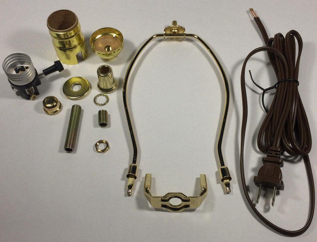 Table Lamp Wiring Kit With 6" Brass Plated Harp, 3 Way Socket, 8 ft. Brown Cord - Stone Door Lamps