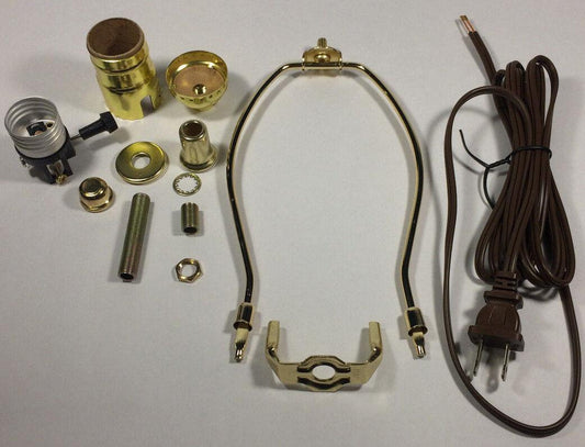 Table Lamp Wiring Kit With 6" Brass Plated Harp, 3 Way Socket, 8 ft. Brown Cord - Stone Door Lamps