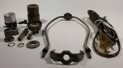 Table Lamp Wiring Kit W/ 9" Antique Finish Harp,3 Way Socket, Antique Brass Cord - Stone Door Lamps