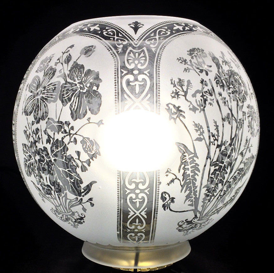 8" Five Scene Floral Etched Victorian Ball Gas Lamp Shade - 4" fitter #GS595