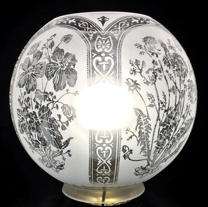 8" Five Scene Floral Etched Victorian Ball Gas Lamp Shade - 4" fitter #GS595