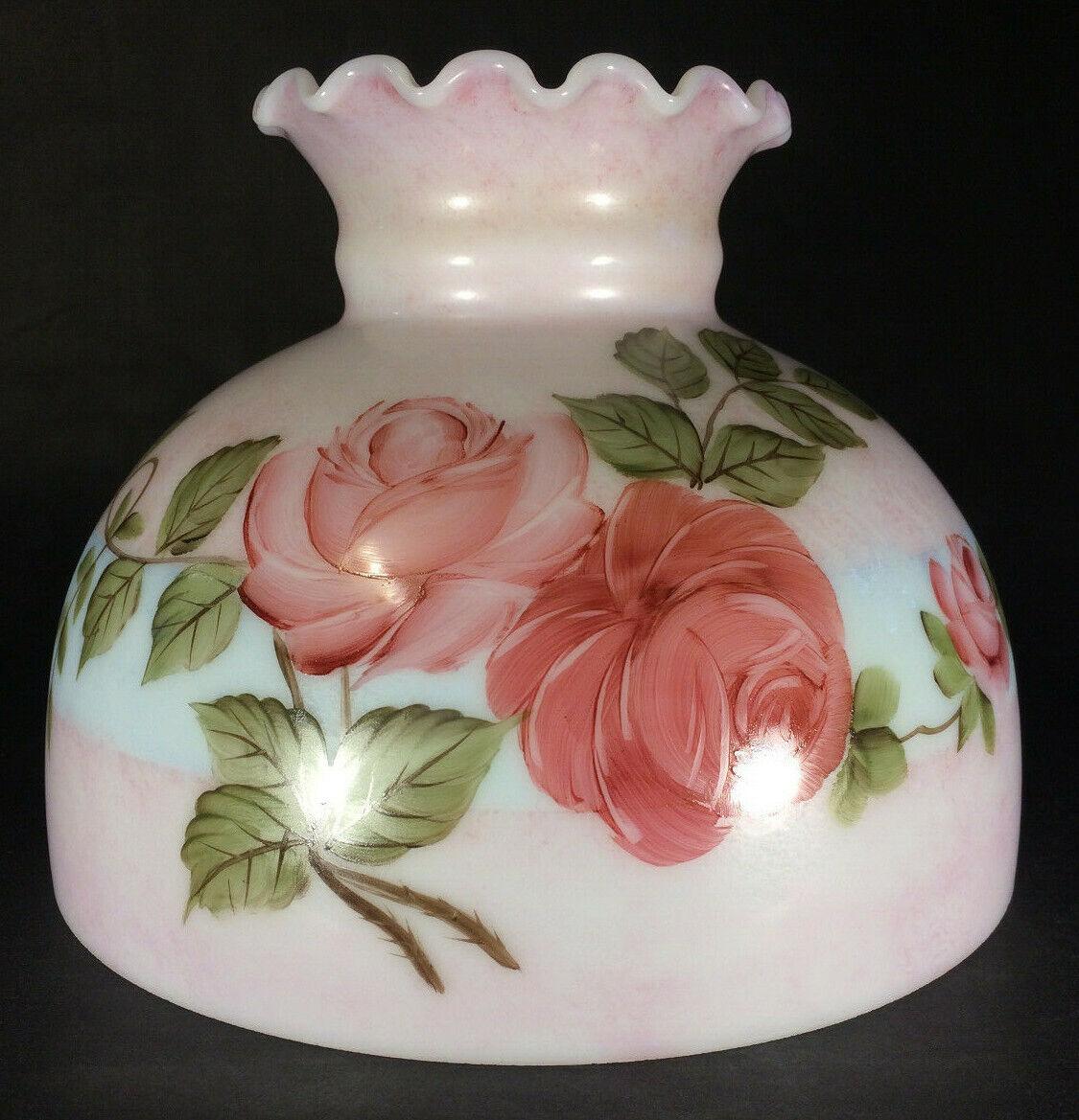 New 10" Hand Painted Student Shade W/ Queen Elizabeth Roses Mottled Carmine Tint - Stone Door Lamps
