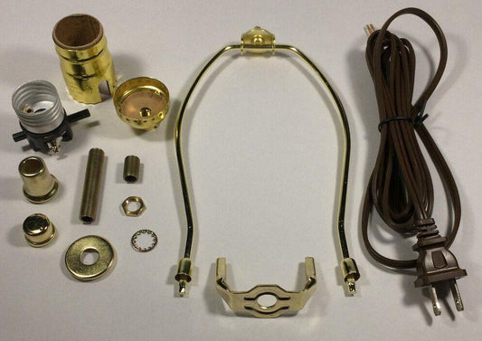 Table Lamp Wiring Kit 6" Brass Plated Harp, Push - Thru Socket, 8 ft. Brown Cord - Stone Door Lamps