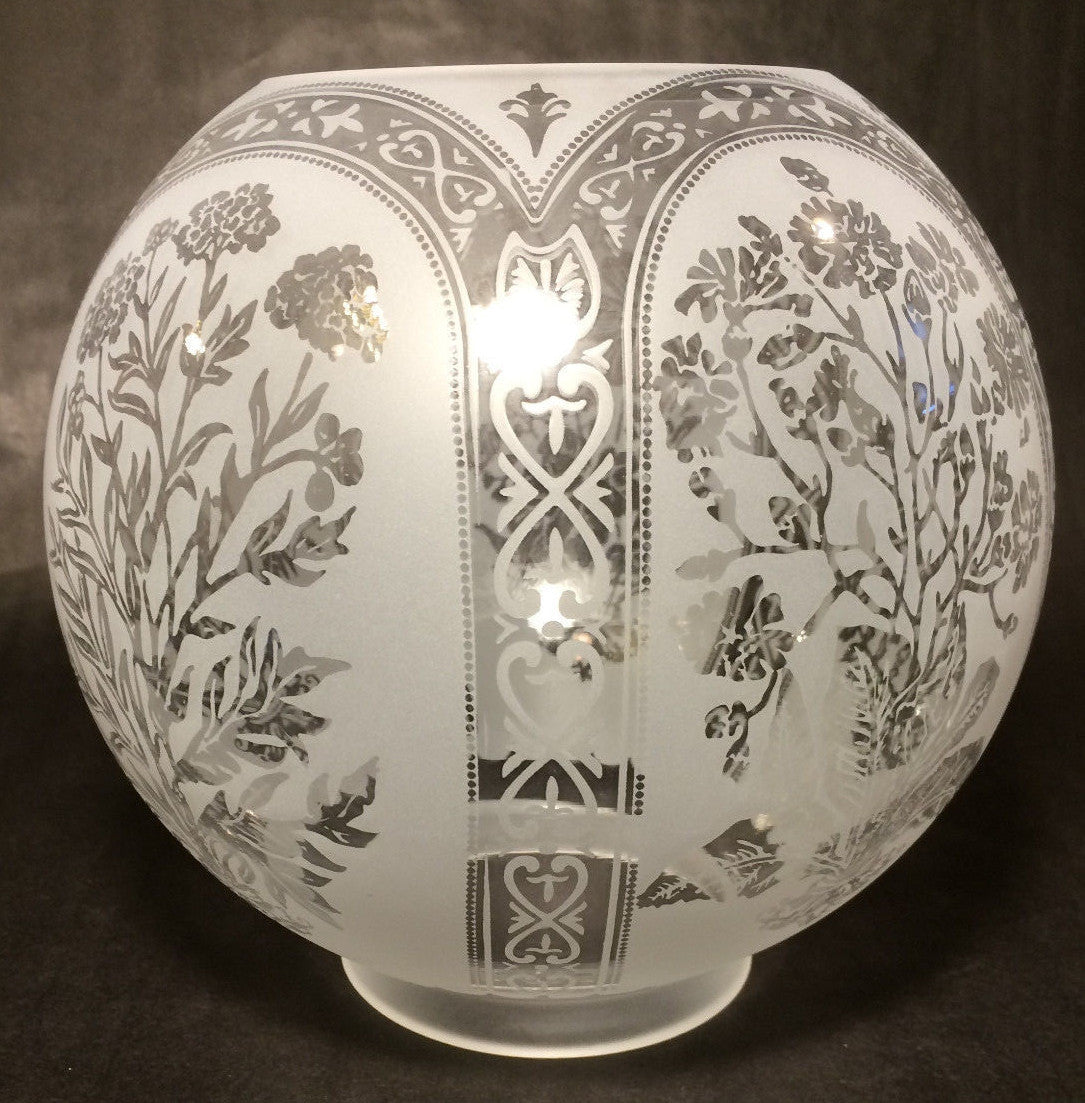 8" Five Scene Floral Etched Victorian Ball Gas Lamp Shade - 4" fitter #GS595
