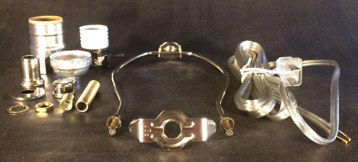 Table Lamp Wiring Kit 10" Nickel Plated Harp,Push-Thru Socket,Clear Silver Cord