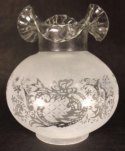 New 4" Fitter Etched Filigree Glass Gas Globe Lamp Shade w/ Crimped Top 8.5" Ht. - Stone Door Lamps