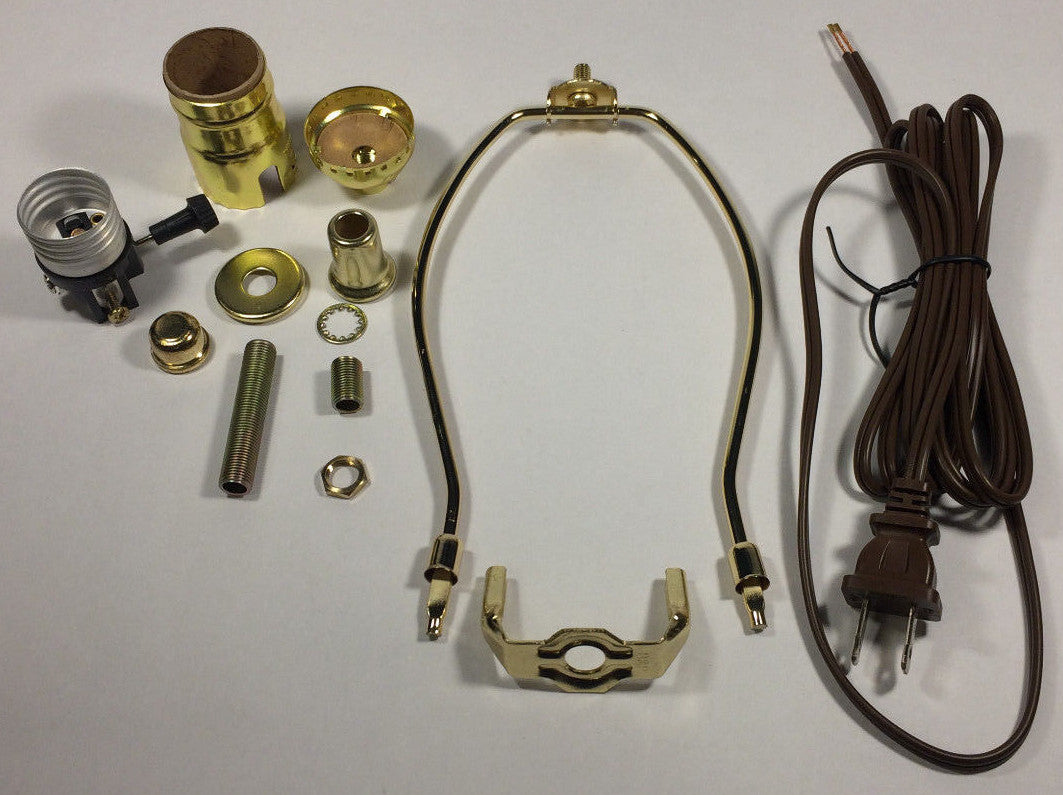 Table Lamp Wiring Kit With 7" Brass Plated Harp, 3 Way Socket, 8 ft. Brown Cord