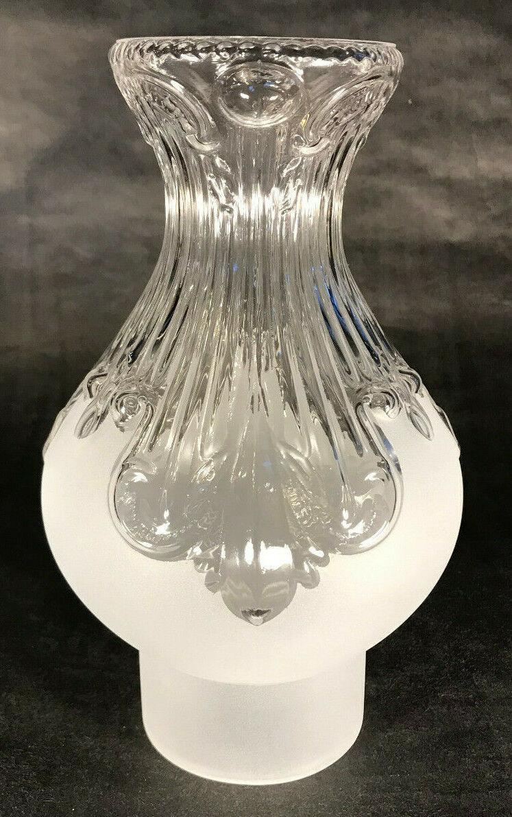 New 3" x 8 1/2" Clear & Frosted Embossed Glass Princess Feather Lamp Chimney 