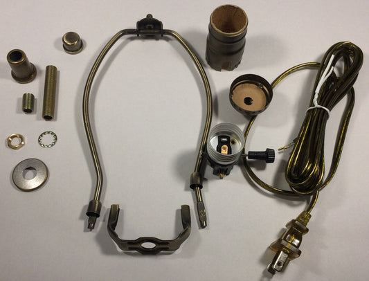 Table Lamp Wiring Kit W/ 8" Antique Finish Harp,3 Way Socket, Antique Brass Cord