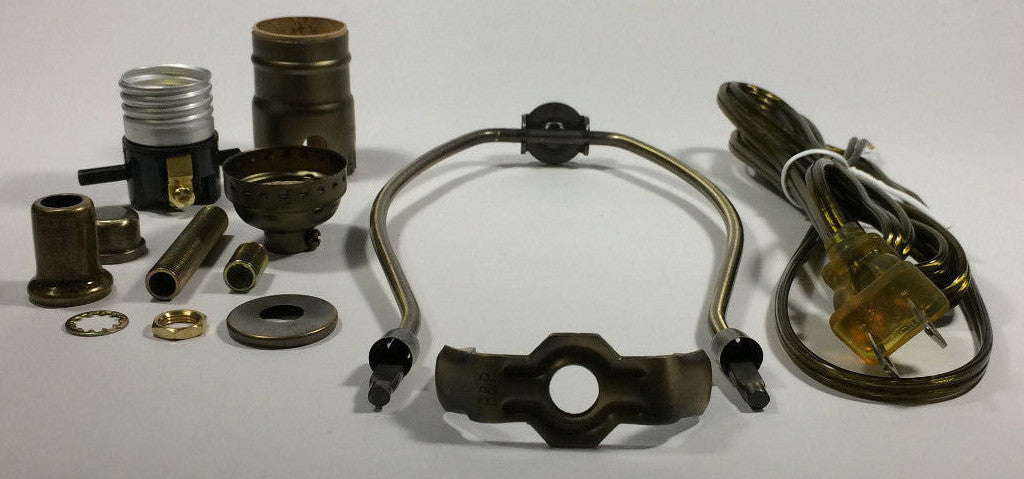 Table Lamp Wiring Kit 9" Antique Finish Harp,PushThru Socket,Antique Brass Cord