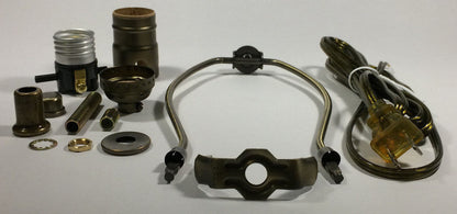 Table Lamp Wiring Kit 9" Antique Finish Harp,PushThru Socket,Antique Brass Cord