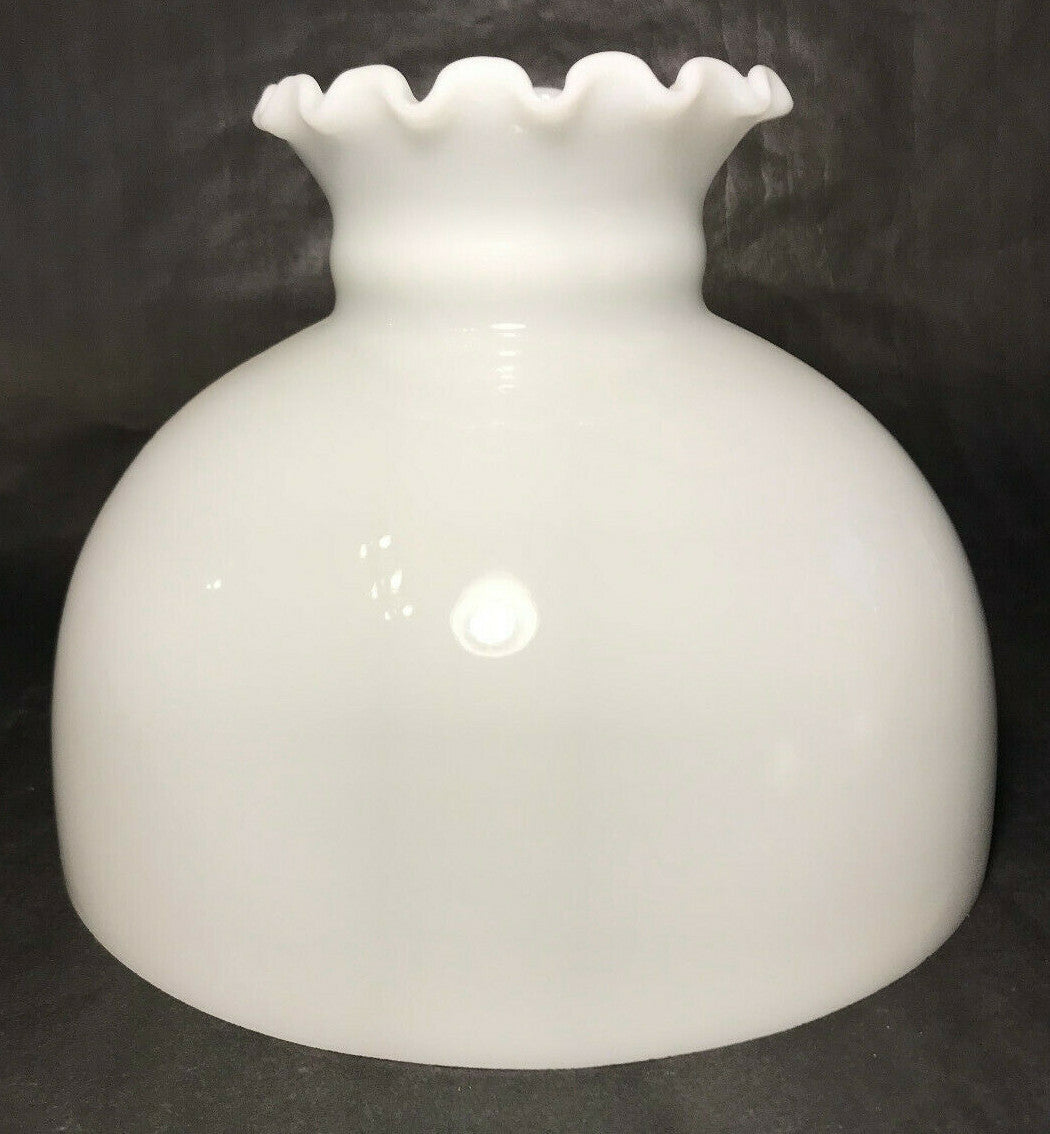 New Student Lamp Shade, Opal White Milk Glass, Crimp Top, Hand Blown, 10" FItter