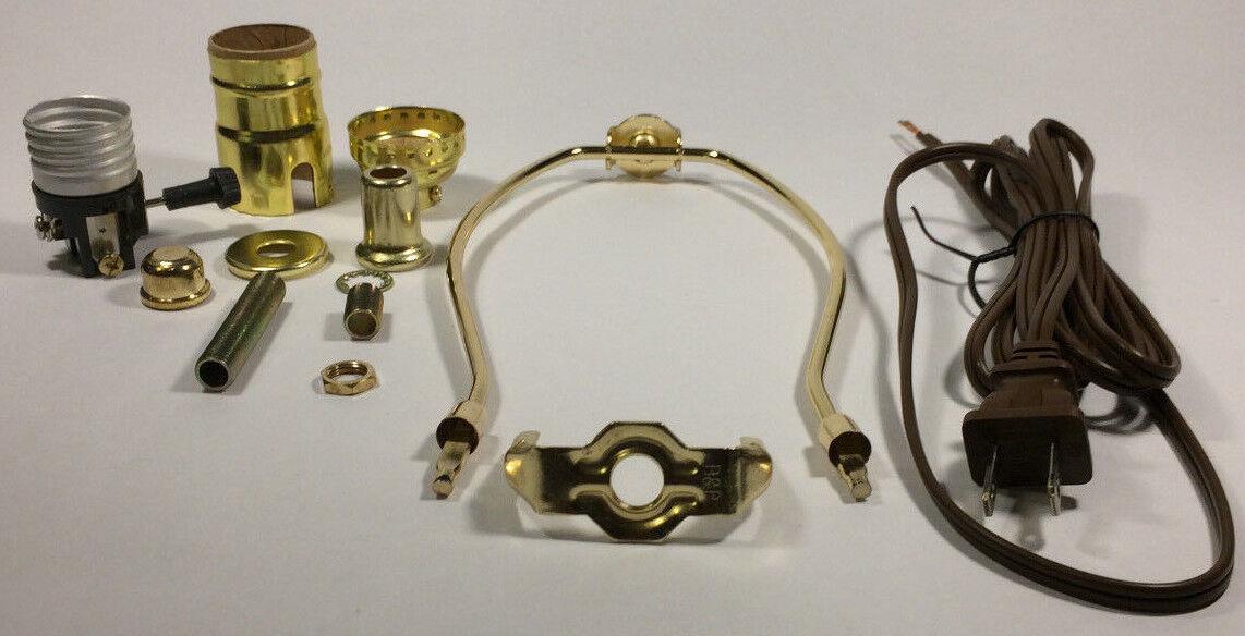 Table Lamp Wiring Kit With 6" Brass Plated Harp, 3 Way Socket, 8 ft. Brown Cord - Stone Door Lamps