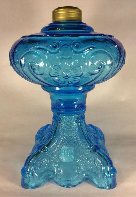 New 9 1/2" Princess Feather Light Blue Oil Kerosene Lamp Font, Victorian Era 500 - Stone Door Lamps
