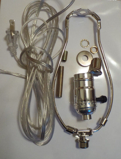 Table Lamp Wiring Kit  6" Nickel Plated Harp - 3 Way Socket - Clear Silver Cord