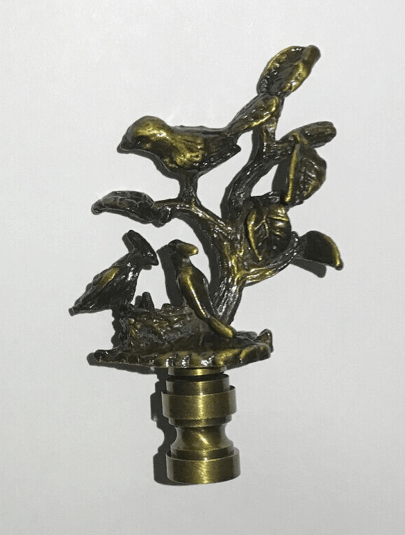New 2 7/8" Cast Brass Birds On Branch Lamp Finial w/ Antique Finish, 1/4 - 27F Tap - Stone Door Lamps