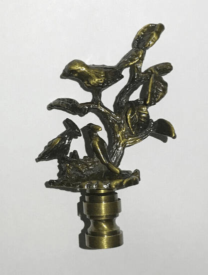 New 2 7/8" Cast Brass Birds On Branch Lamp Finial w/ Antique Finish, 1/4 - 27F Tap - Stone Door Lamps