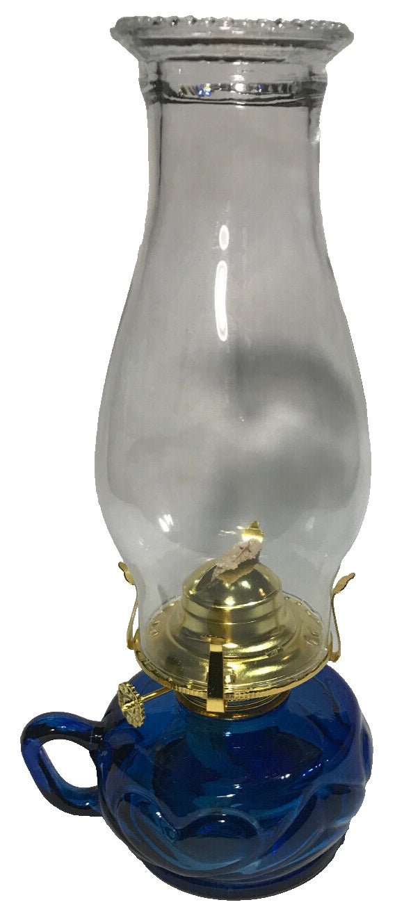 New Blue Glass United Hearts Finger Oil Lamp w/ Brass Plated Burner & Chimney - Stone Door Lamps