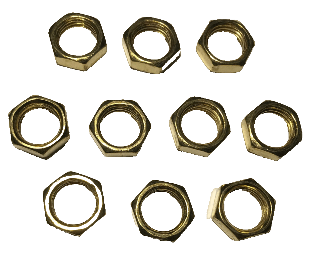 Lot Of 10, 1/4F Heavy Steel Brass Plated Hex Nuts, 11/16" Dia. 1/4" Thick #605BP - Stone Door Lamps