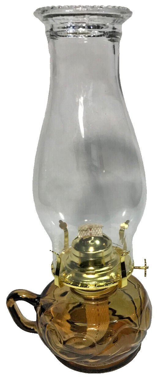 New Amber Glass United Hearts Finger Oil Lamp w/ Brass Plated Burner & Chimney - Stone Door Lamps