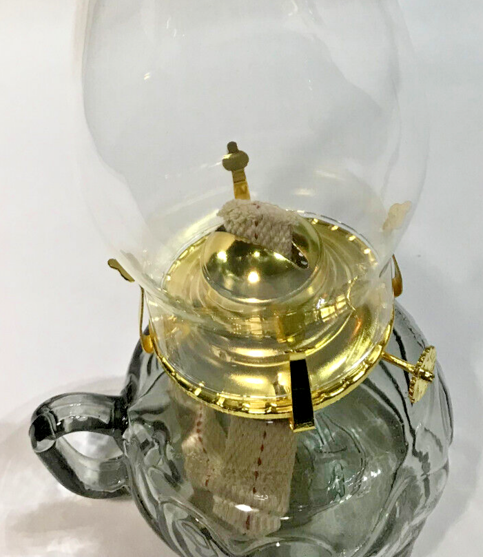 New Gray Glass United Hearts Finger Oil Lamp w/ Brass Plated Burner & Chimney