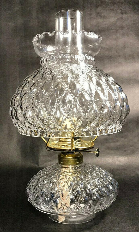 New Complete Clear Glass Diamond Quilted Oil Lamp With Shade,Chimney,Burner - Stone Door Lamps