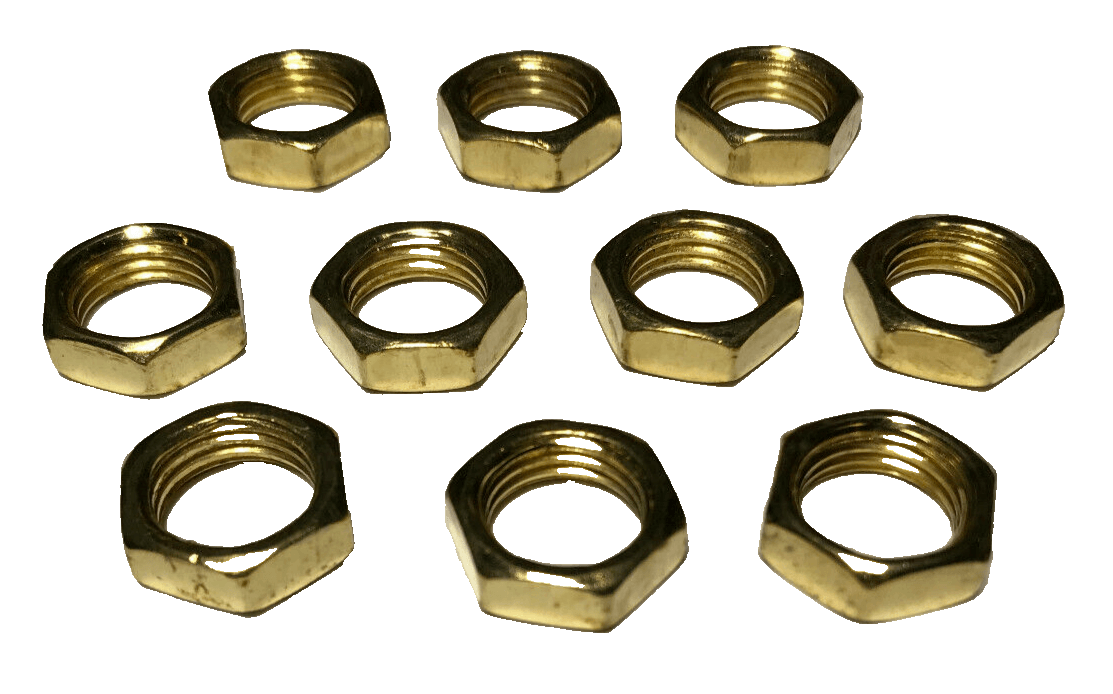 Lot Of 10, 1/4F Heavy Steel Brass Plated Hex Nuts, 11/16" Dia. 1/4" Thick #605BP - Stone Door Lamps