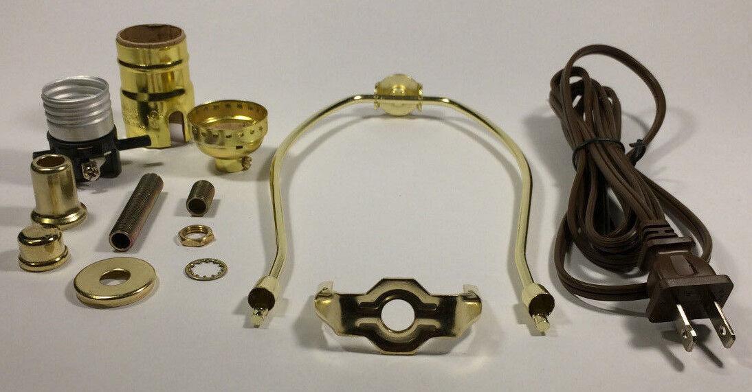 Table Lamp Wiring Kit 8" Brass Plated Harp, Push - Thru Socket, 8 ft. Brown Cord - Stone Door Lamps