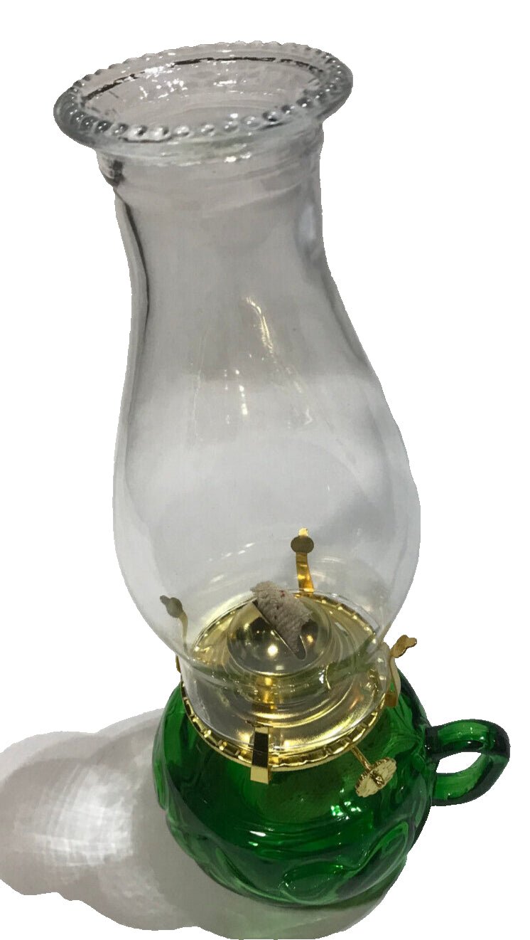 New Green Glass United Hearts Finger Oil Lamp w/ Brass Plated Burner & Chimney - Stone Door Lamps