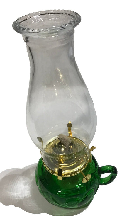 New Green Glass United Hearts Finger Oil Lamp w/ Brass Plated Burner & Chimney - Stone Door Lamps